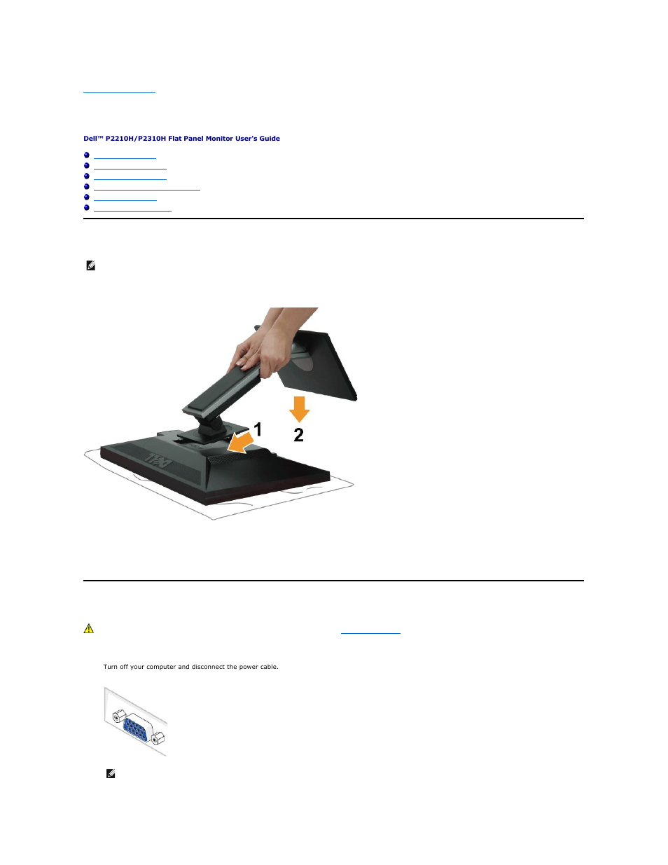 Setting up the monitor, Attaching the stand, Connecting your monitor | Dell P2210H Monitor User Manual | Page 30 / 38