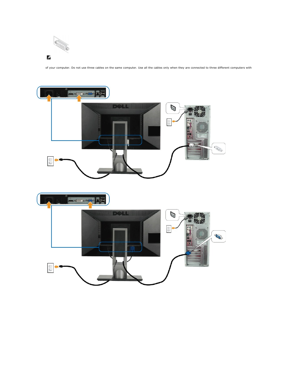 Connecting the white dvi cable, Connecting the blue vga cable, Connecting the black displayport cable | Dell P2210H Monitor User Manual | Page 31 / 38