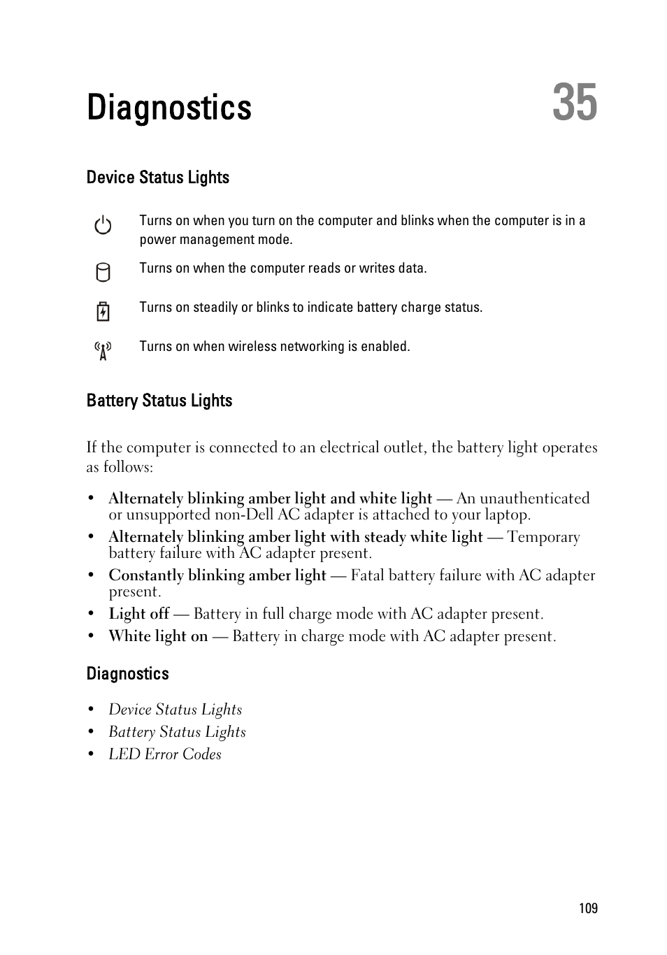 Diagnostics, Device status lights, Battery status lights | 35 diagnostics | Dell Latitude E6220 (Mid 2011) User Manual | Page 109 / 114