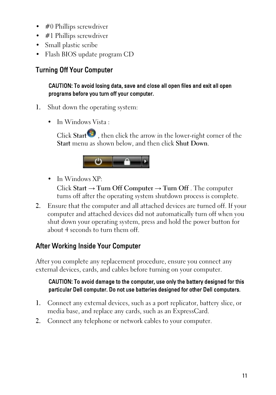 Turning off your computer, After working inside your computer | Dell Latitude E6220 (Mid 2011) User Manual | Page 11 / 114