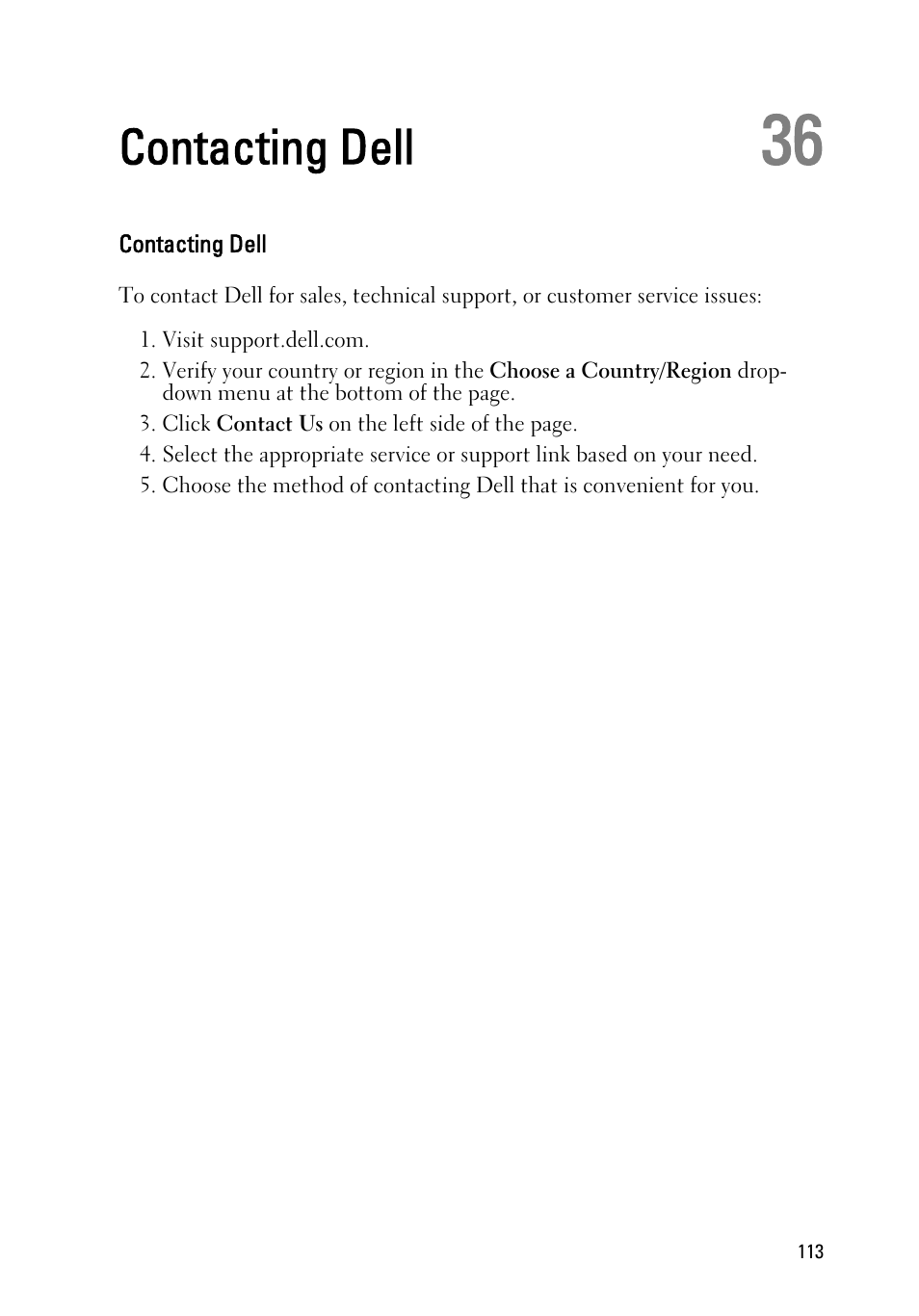 Contacting dell, 36 contacting dell | Dell Latitude E6220 (Mid 2011) User Manual | Page 113 / 114