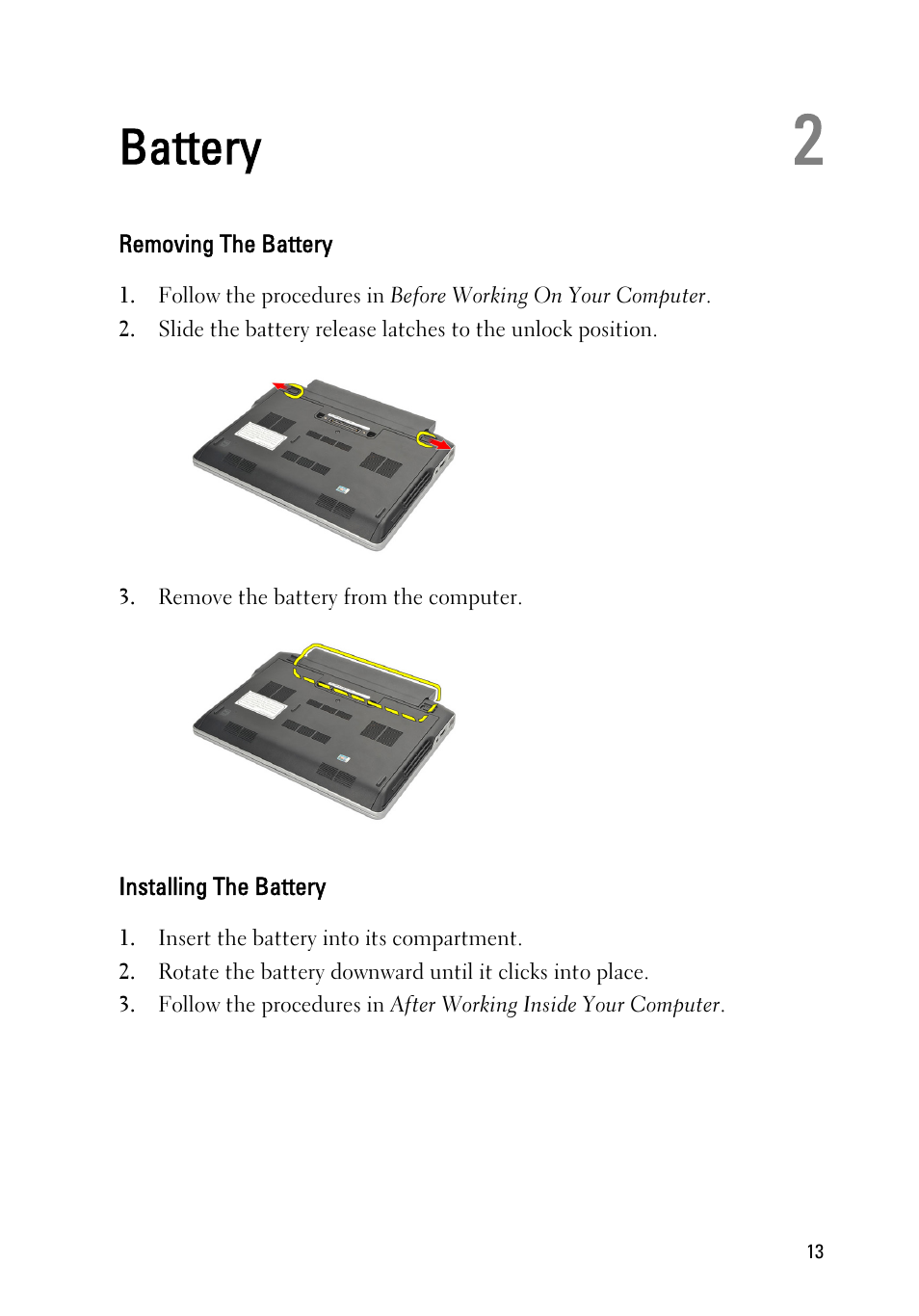 Battery, Removing the battery, Installing the battery | 2 battery | Dell Latitude E6220 (Mid 2011) User Manual | Page 13 / 114