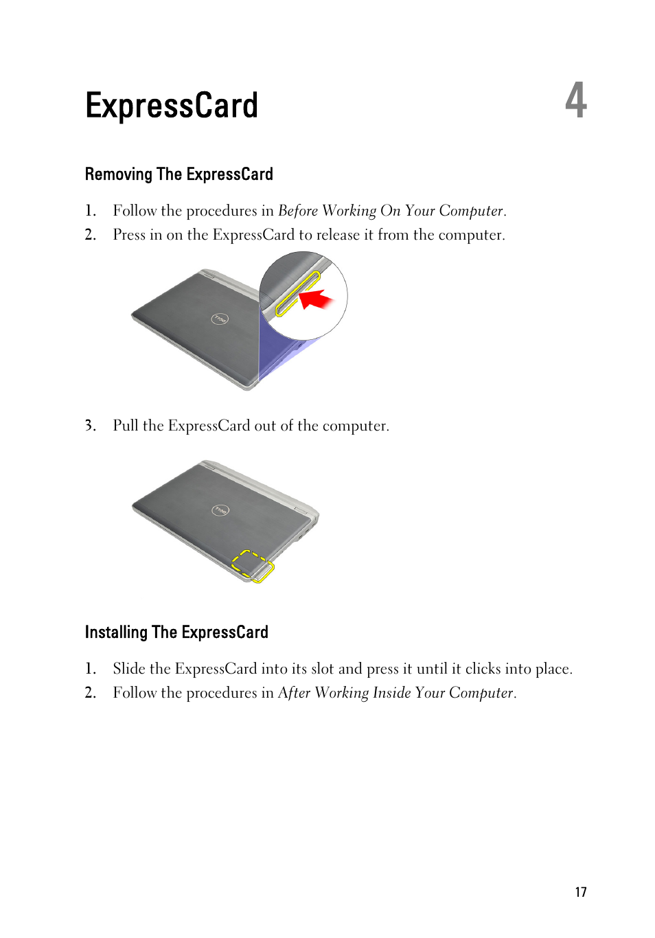 Expresscard, Removing the expresscard, Installing the expresscard | 4 expresscard | Dell Latitude E6220 (Mid 2011) User Manual | Page 17 / 114