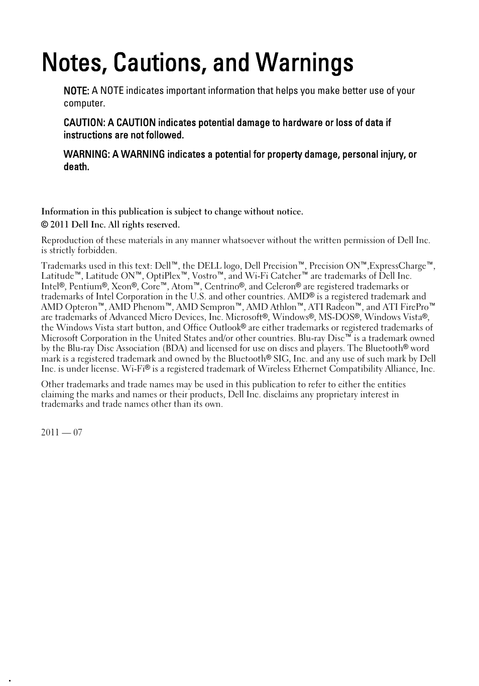 Notes, cautions, and warnings, Working on your computer | Dell Latitude E6220 (Mid 2011) User Manual | Page 2 / 114