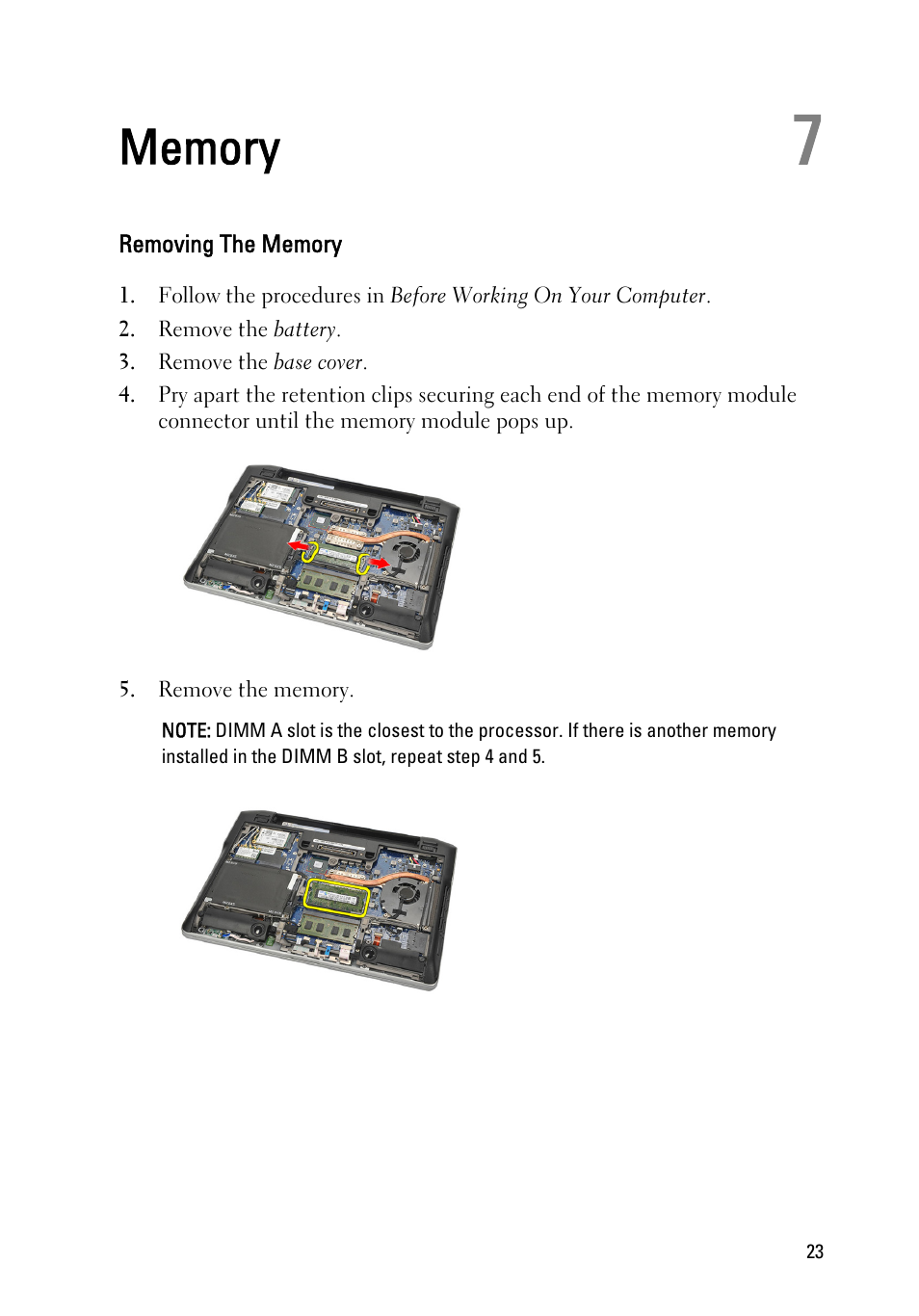 Memory, Removing the memory, 7 memory | Dell Latitude E6220 (Mid 2011) User Manual | Page 23 / 114