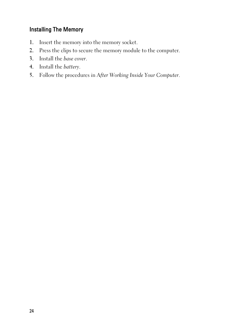 Installing the memory | Dell Latitude E6220 (Mid 2011) User Manual | Page 24 / 114
