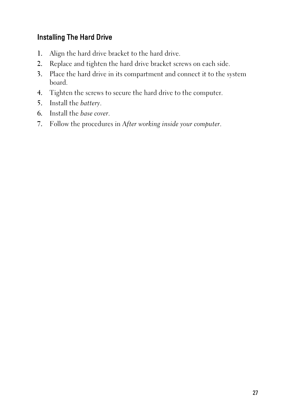 Installing the hard drive | Dell Latitude E6220 (Mid 2011) User Manual | Page 27 / 114