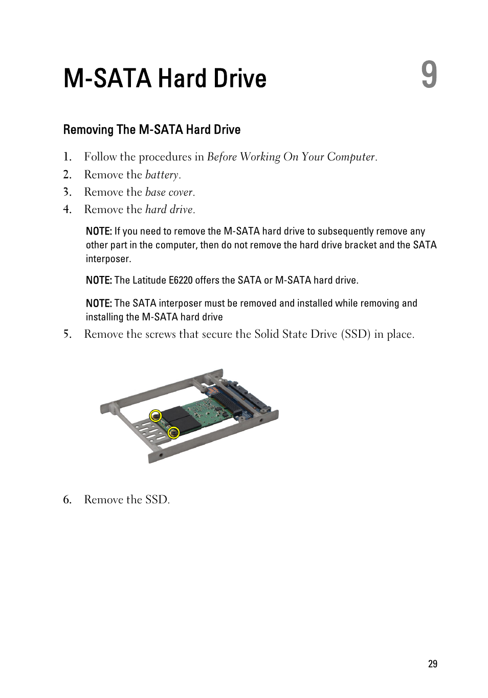 M-sata hard drive, Removing the m-sata hard drive, 9 m-sata hard drive | Dell Latitude E6220 (Mid 2011) User Manual | Page 29 / 114