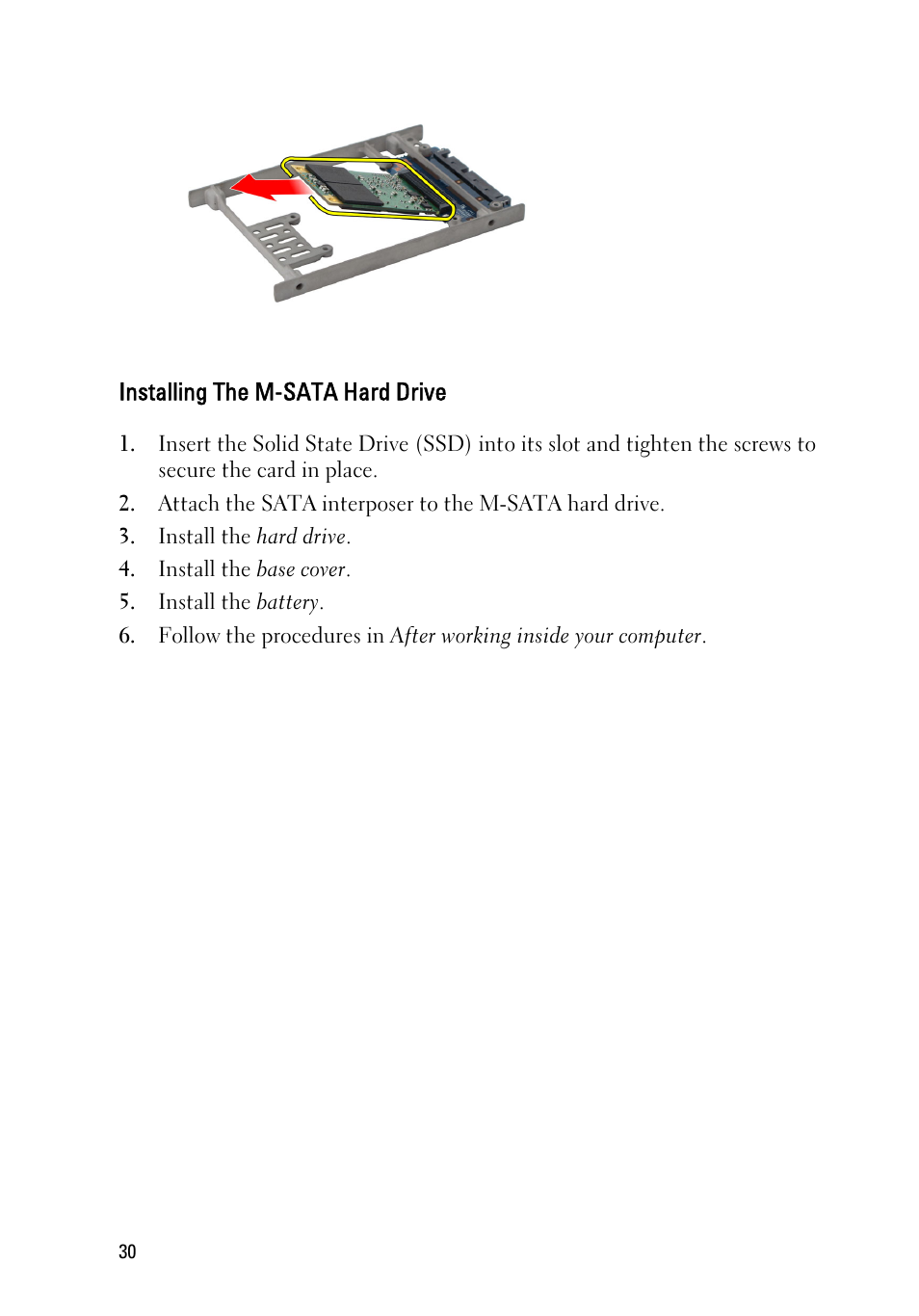 Installing the m-sata hard drive | Dell Latitude E6220 (Mid 2011) User Manual | Page 30 / 114