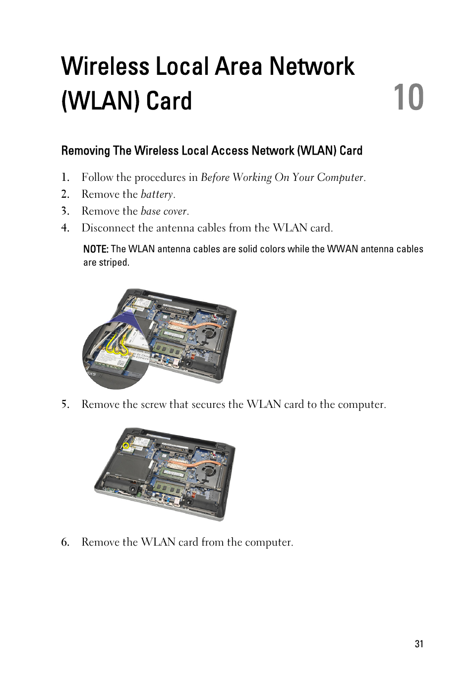 Wireless local area network (wlan) card, 10 wireless local area network (wlan) card | Dell Latitude E6220 (Mid 2011) User Manual | Page 31 / 114