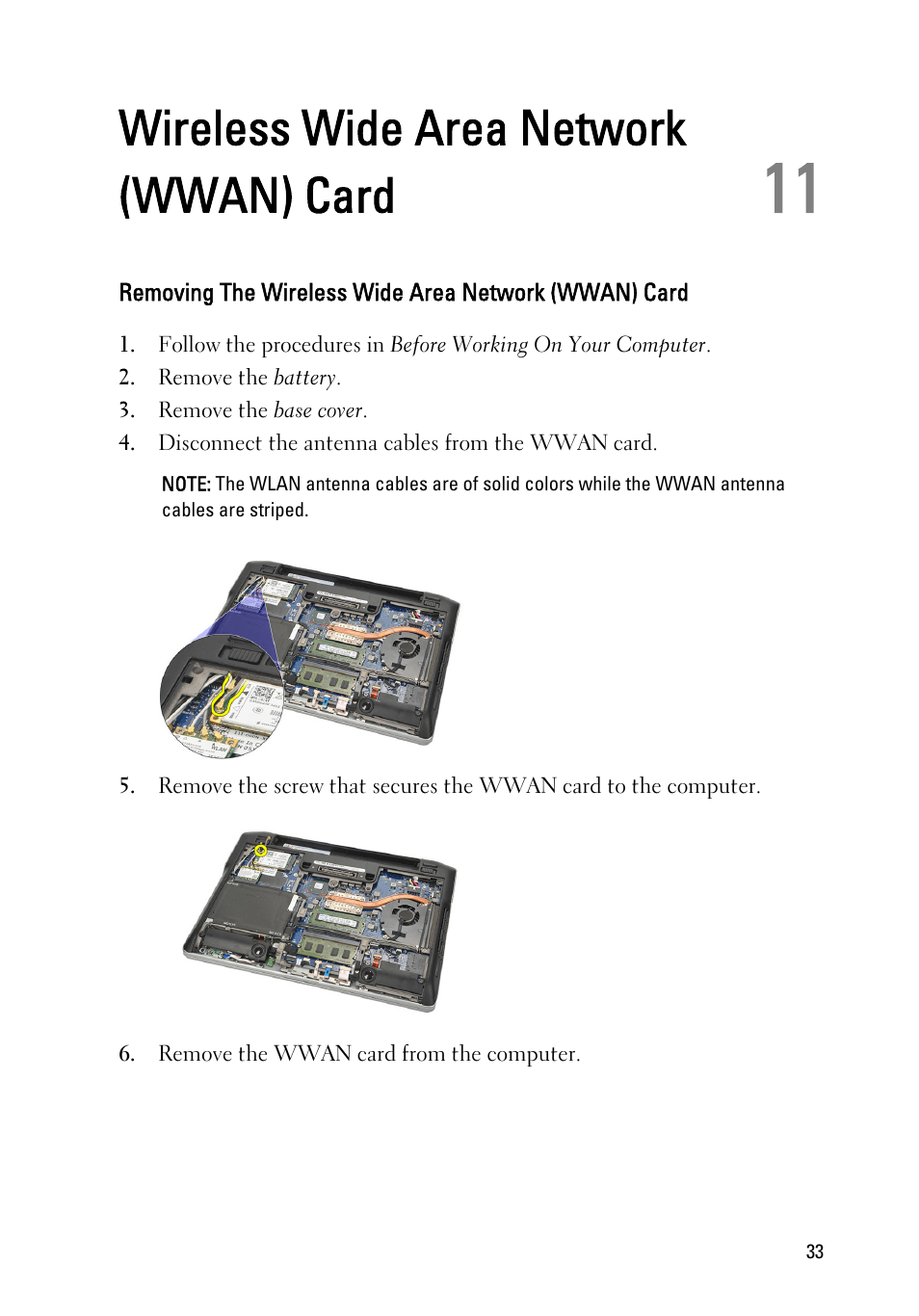Wireless wide area network (wwan) card, 11 wireless wide area network (wwan) card | Dell Latitude E6220 (Mid 2011) User Manual | Page 33 / 114