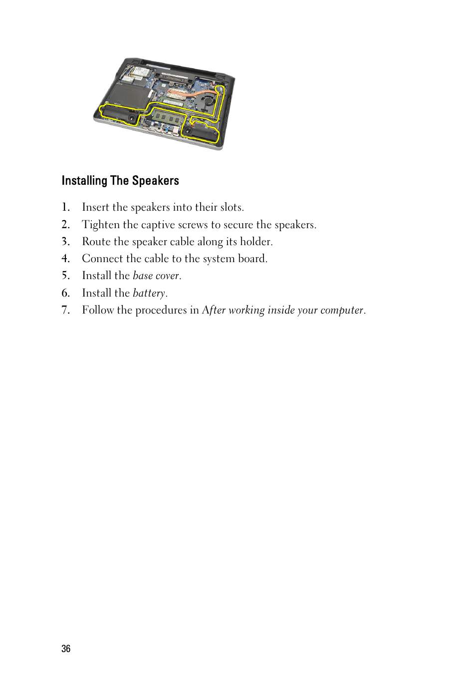 Installing the speakers | Dell Latitude E6220 (Mid 2011) User Manual | Page 36 / 114