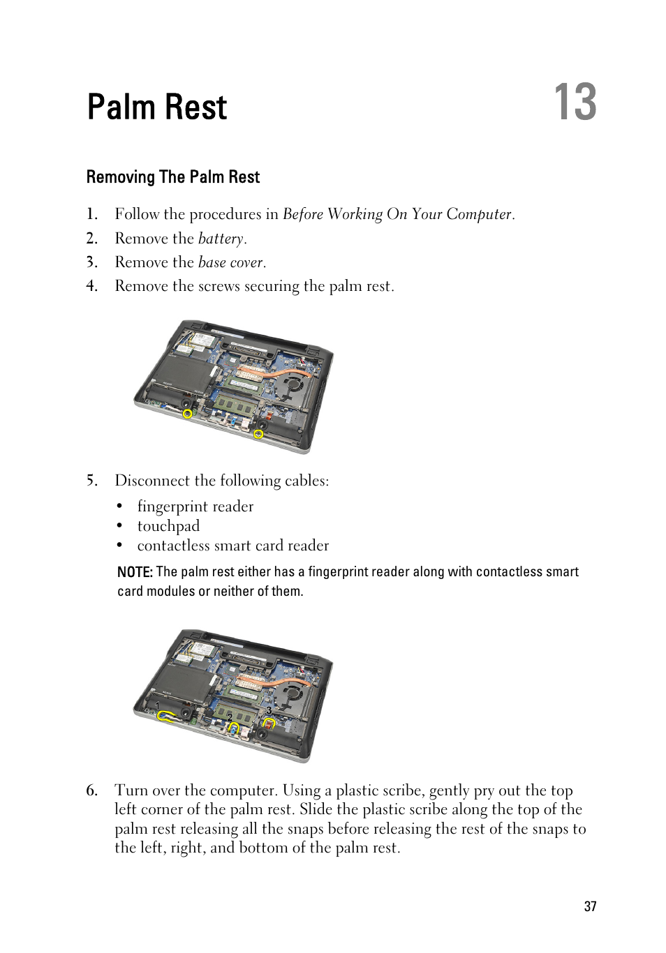 Palm rest, Removing the palm rest, 13 palm rest | Dell Latitude E6220 (Mid 2011) User Manual | Page 37 / 114