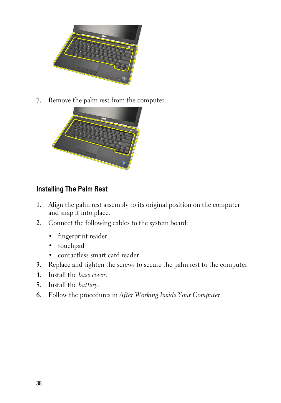 Installing the palm rest | Dell Latitude E6220 (Mid 2011) User Manual | Page 38 / 114