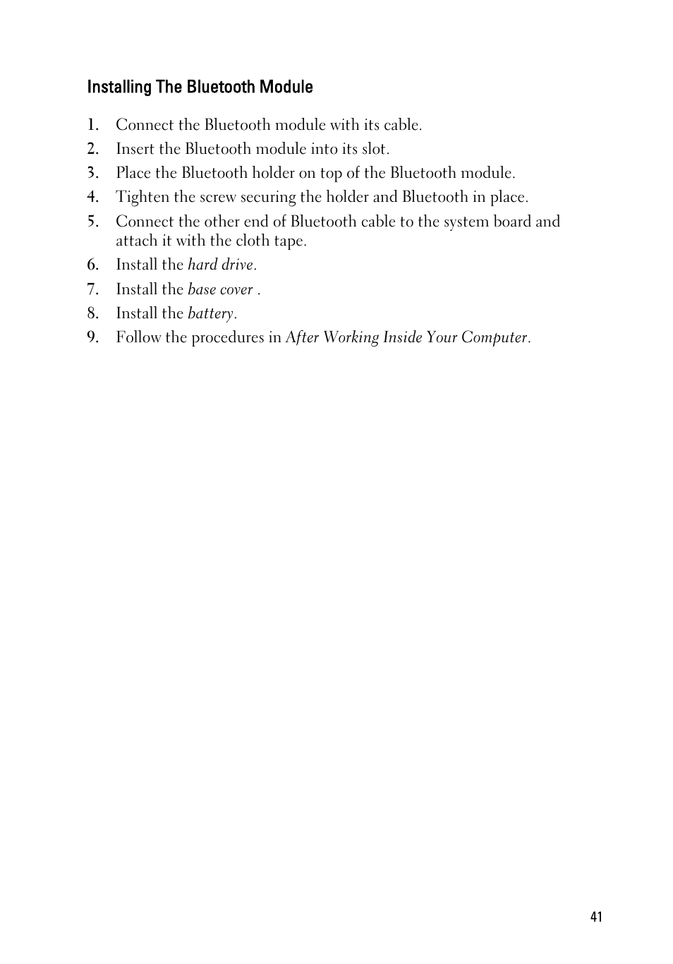 Installing the bluetooth module | Dell Latitude E6220 (Mid 2011) User Manual | Page 41 / 114