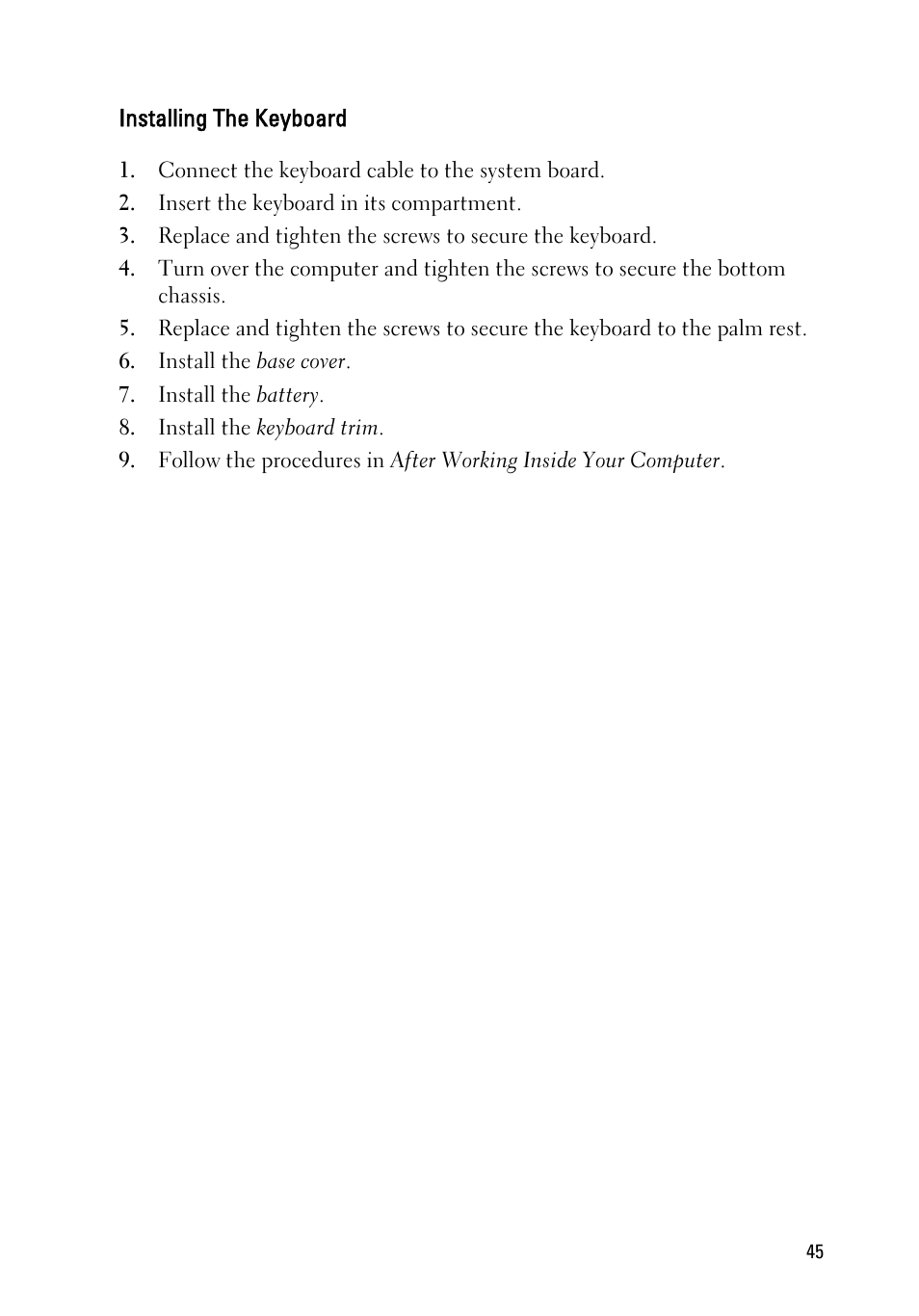Installing the keyboard | Dell Latitude E6220 (Mid 2011) User Manual | Page 45 / 114