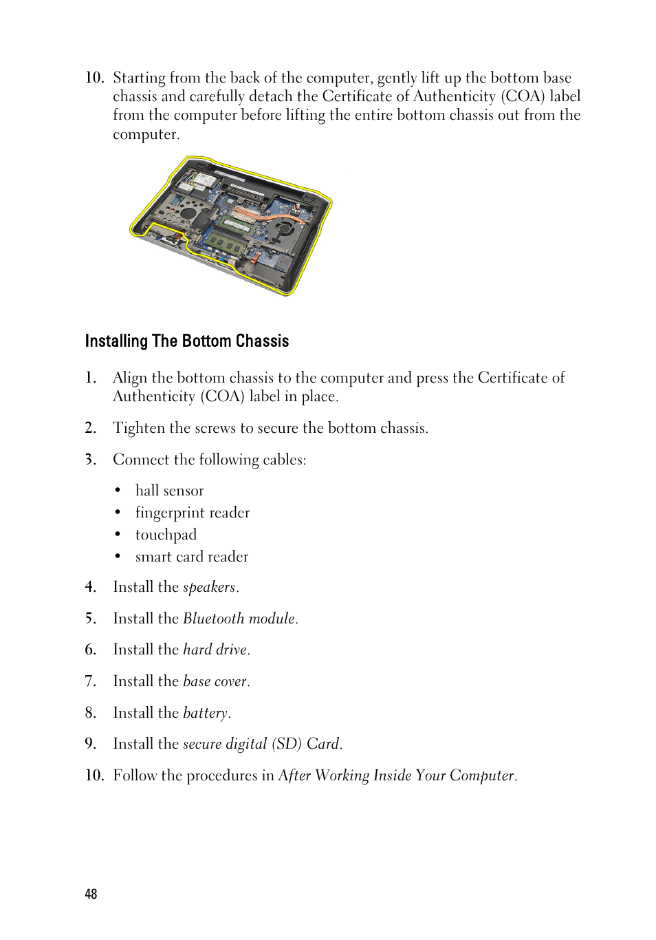 Installing the bottom chassis | Dell Latitude E6220 (Mid 2011) User Manual | Page 48 / 114