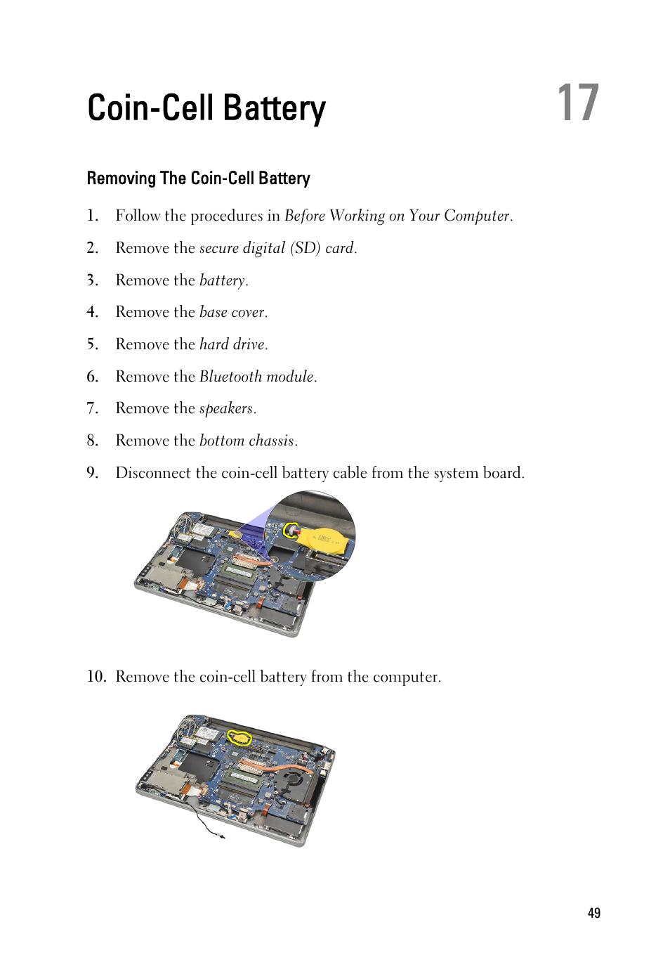 Coin-cell battery, Removing the coin-cell battery, 17 coin-cell battery | Dell Latitude E6220 (Mid 2011) User Manual | Page 49 / 114