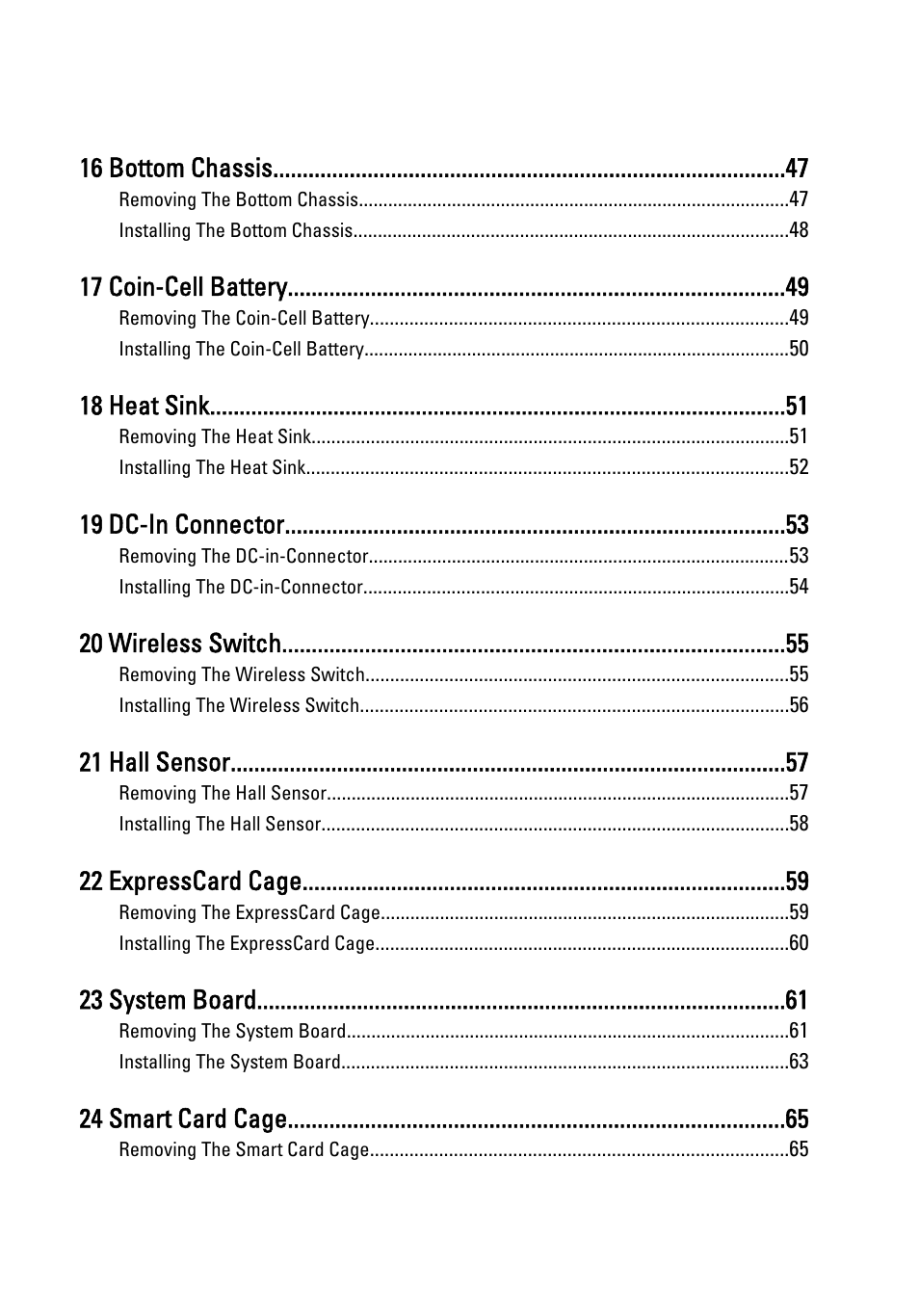 16 bottom chassis, 17 coin-cell battery, 18 heat sink | 19 dc-in connector, 20 wireless switch, 21 hall sensor, 22 expresscard cage, 23 system board, 24 smart card cage | Dell Latitude E6220 (Mid 2011) User Manual | Page 5 / 114