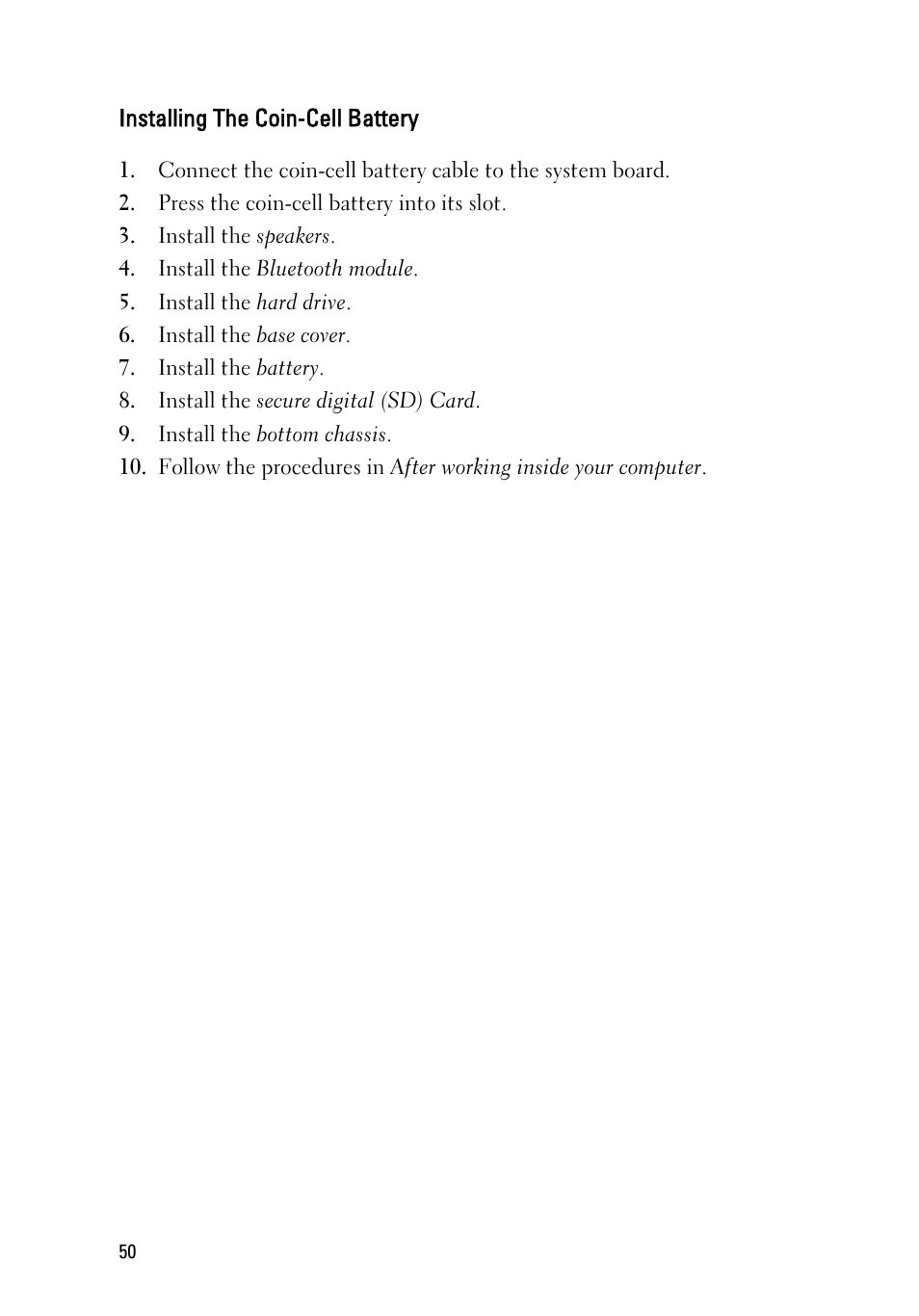 Installing the coin-cell battery | Dell Latitude E6220 (Mid 2011) User Manual | Page 50 / 114