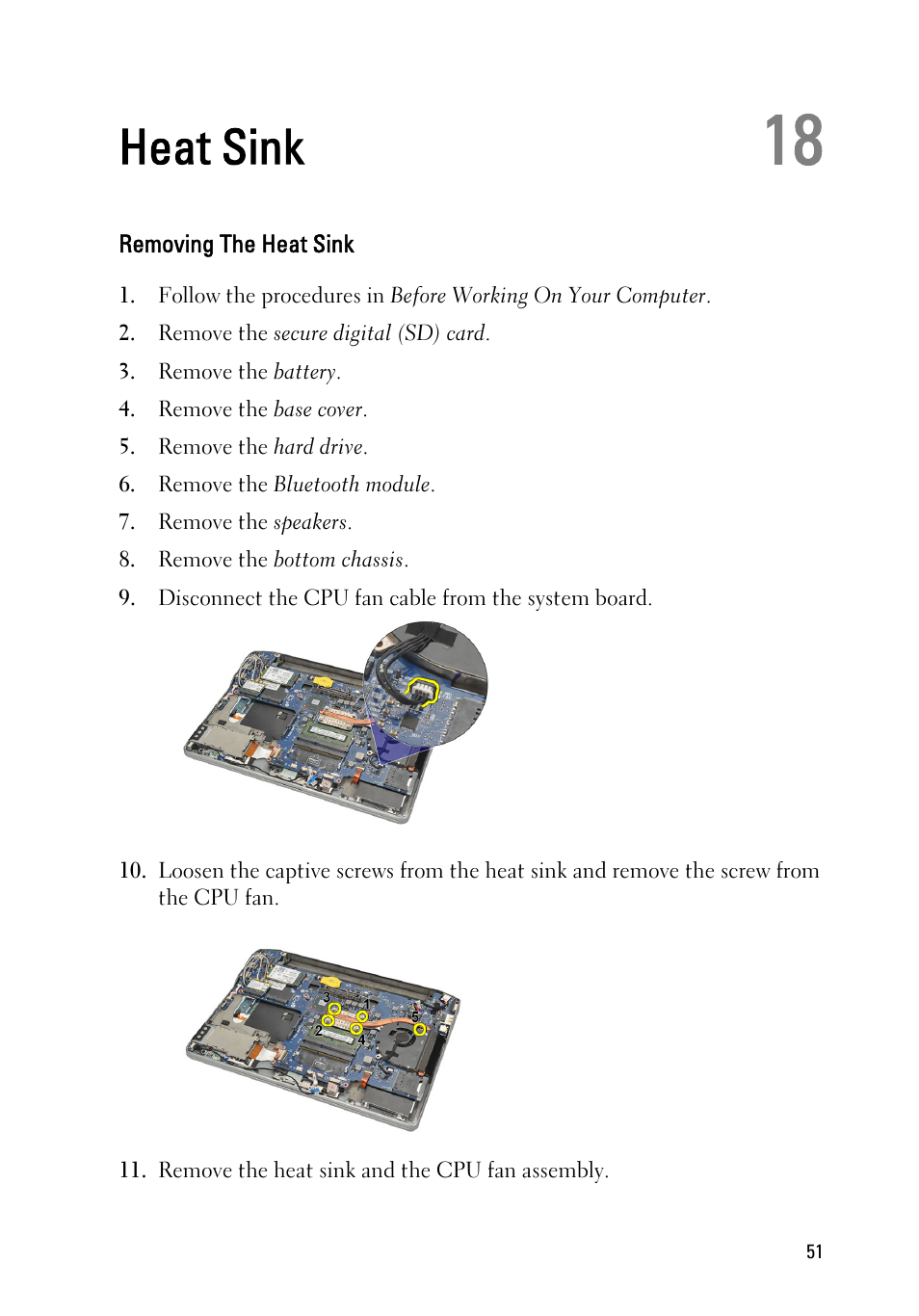 Heat sink, Removing the heat sink, 18 heat sink | Dell Latitude E6220 (Mid 2011) User Manual | Page 51 / 114