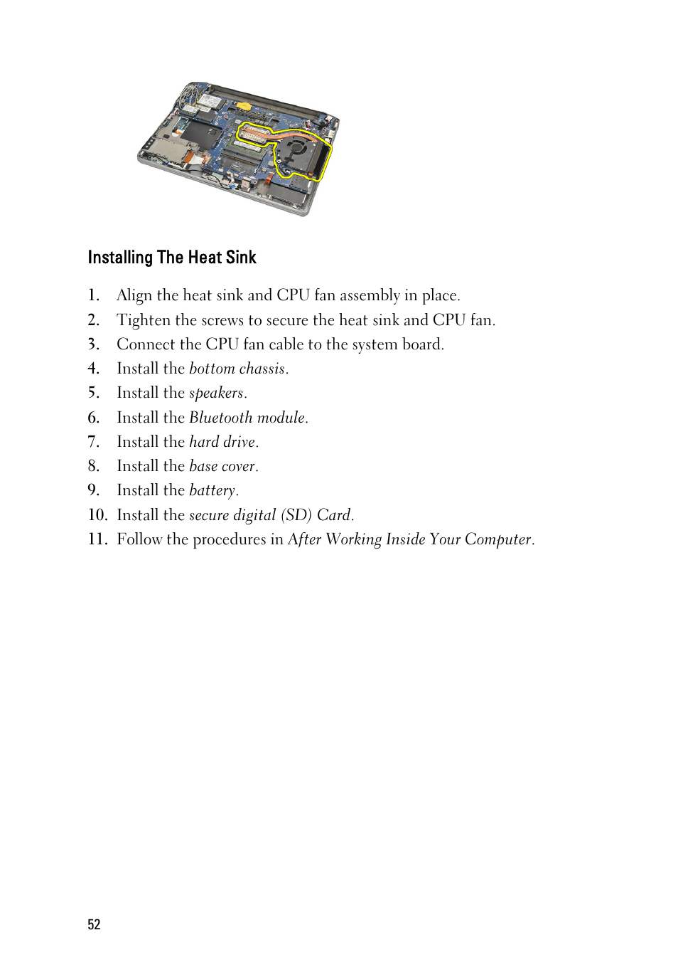 Installing the heat sink | Dell Latitude E6220 (Mid 2011) User Manual | Page 52 / 114