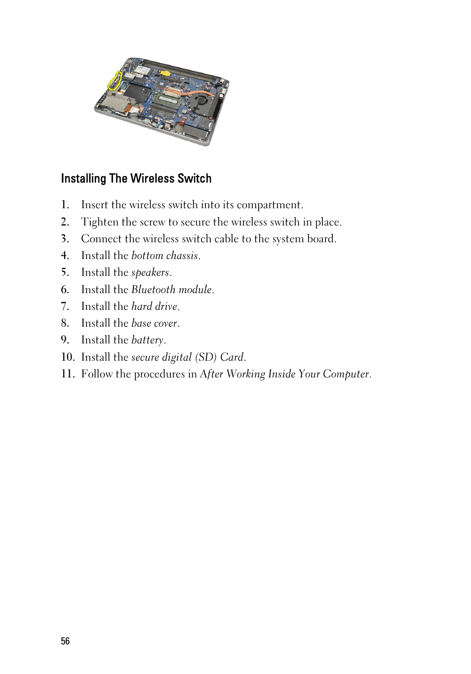 Installing the wireless switch | Dell Latitude E6220 (Mid 2011) User Manual | Page 56 / 114