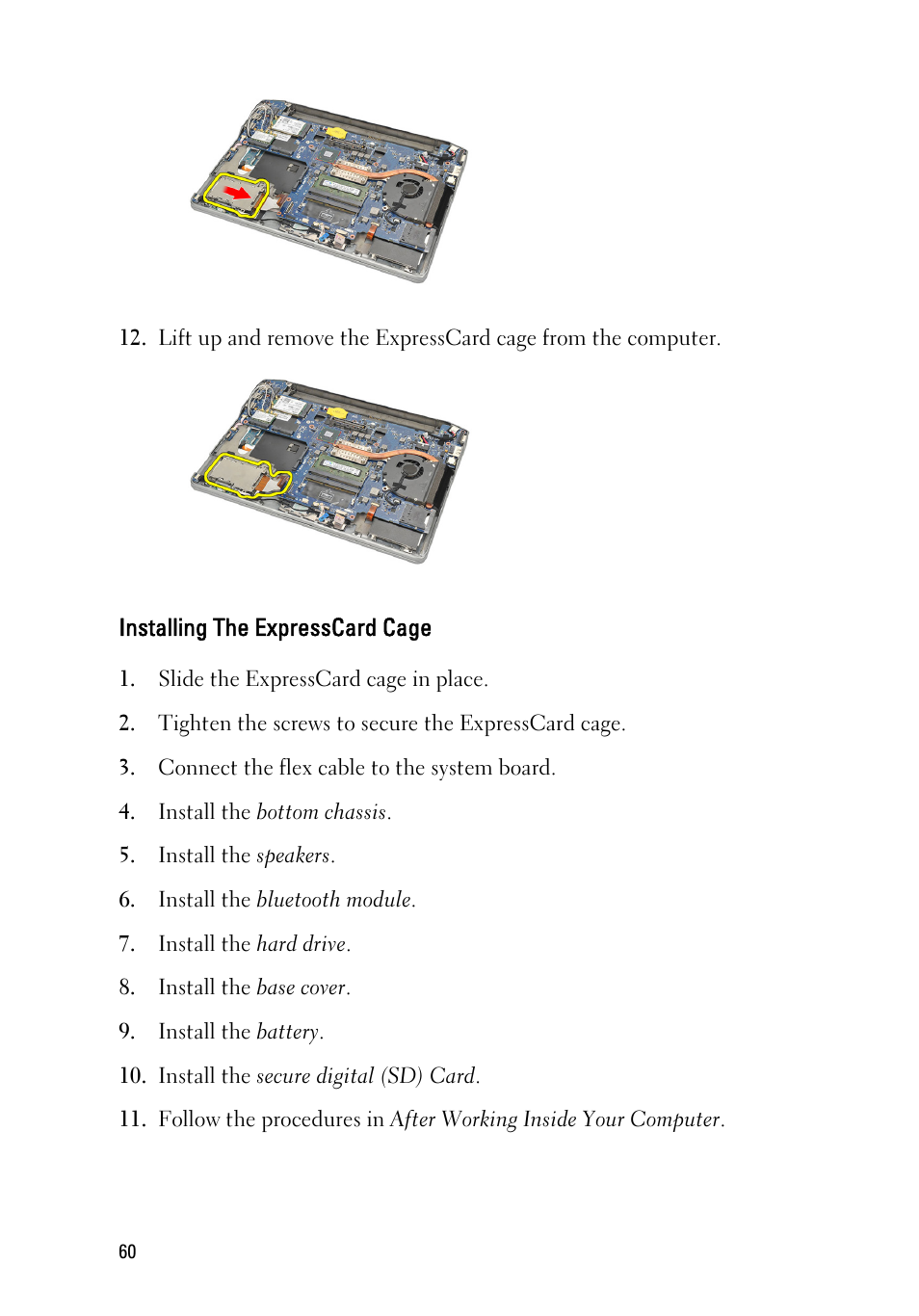 Installing the expresscard cage | Dell Latitude E6220 (Mid 2011) User Manual | Page 60 / 114