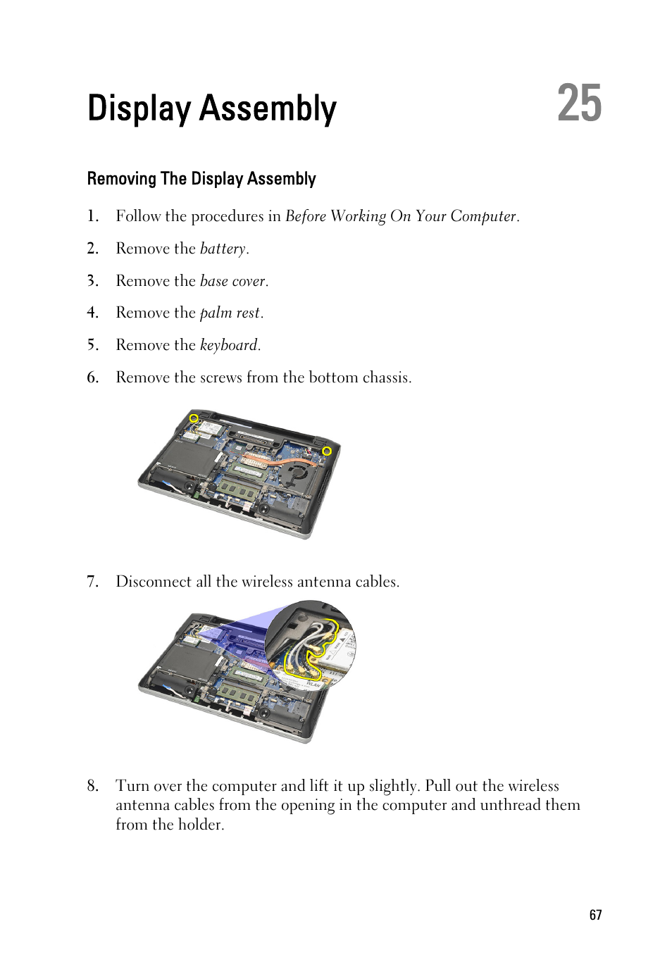 Display assembly, Removing the display assembly, 25 display assembly | Dell Latitude E6220 (Mid 2011) User Manual | Page 67 / 114