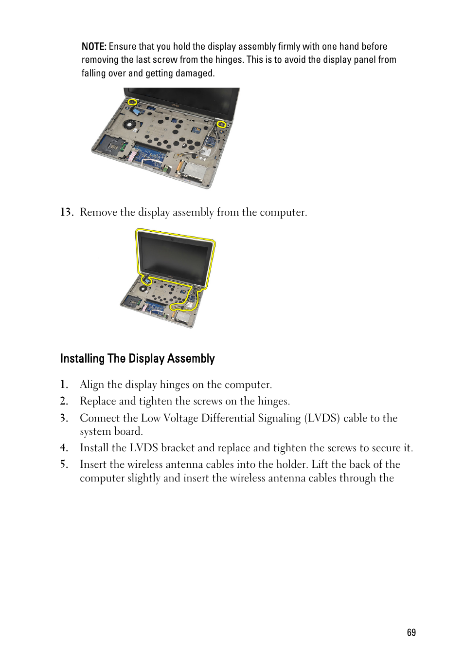 Installing the display assembly | Dell Latitude E6220 (Mid 2011) User Manual | Page 69 / 114