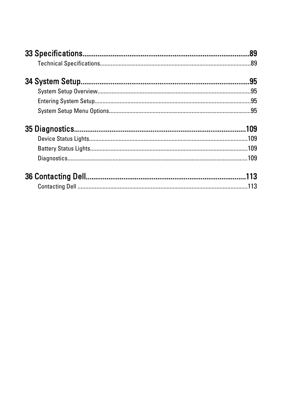 33 specifications, 34 system setup, 35 diagnostics | 36 contacting dell | Dell Latitude E6220 (Mid 2011) User Manual | Page 7 / 114