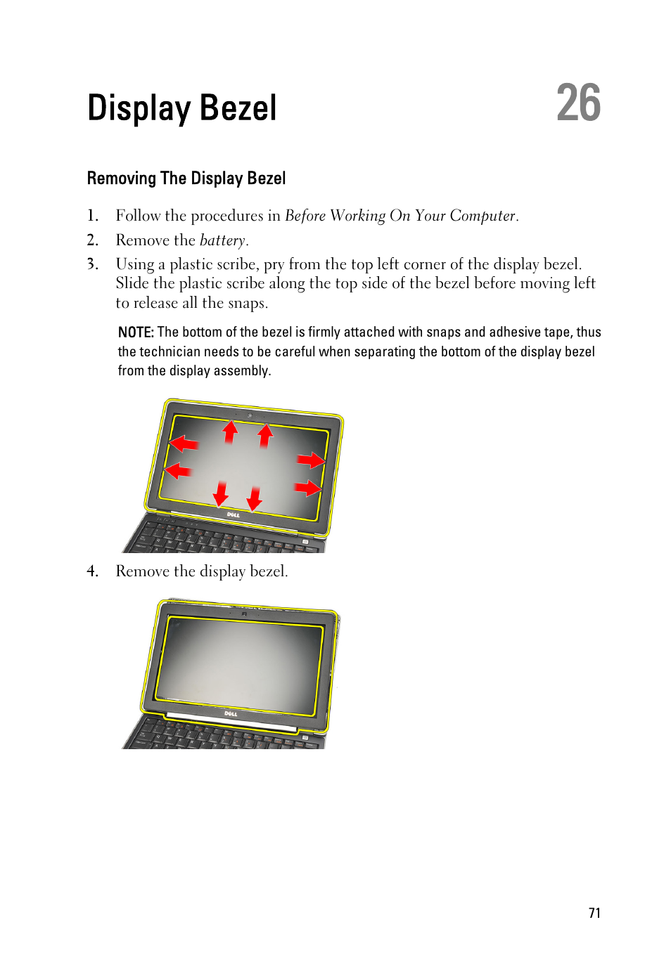 Display bezel, Removing the display bezel, 26 display bezel | Dell Latitude E6220 (Mid 2011) User Manual | Page 71 / 114