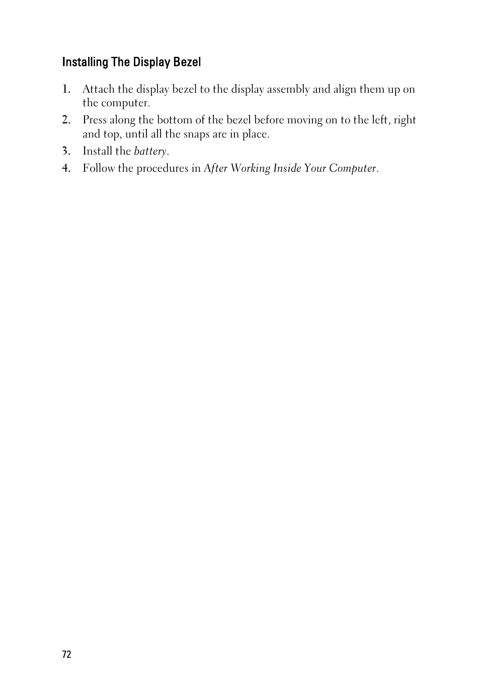 Installing the display bezel | Dell Latitude E6220 (Mid 2011) User Manual | Page 72 / 114