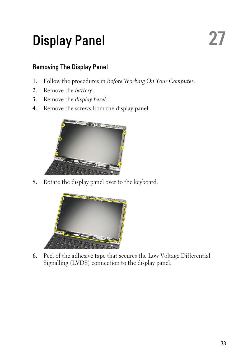 Display panel, Removing the display panel, 27 display panel | Dell Latitude E6220 (Mid 2011) User Manual | Page 73 / 114
