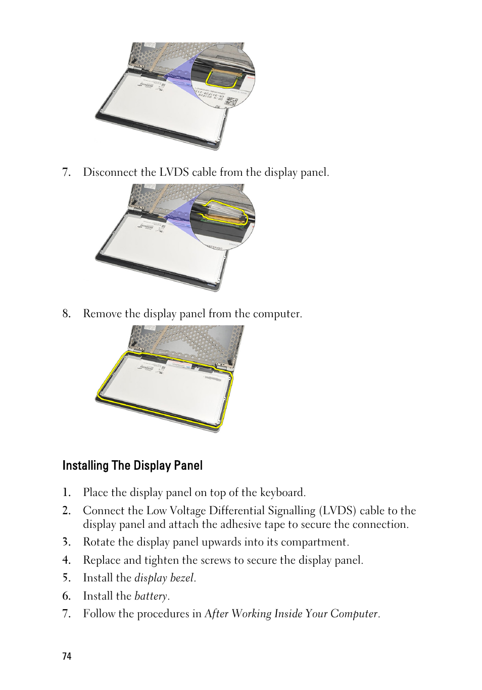Installing the display panel | Dell Latitude E6220 (Mid 2011) User Manual | Page 74 / 114