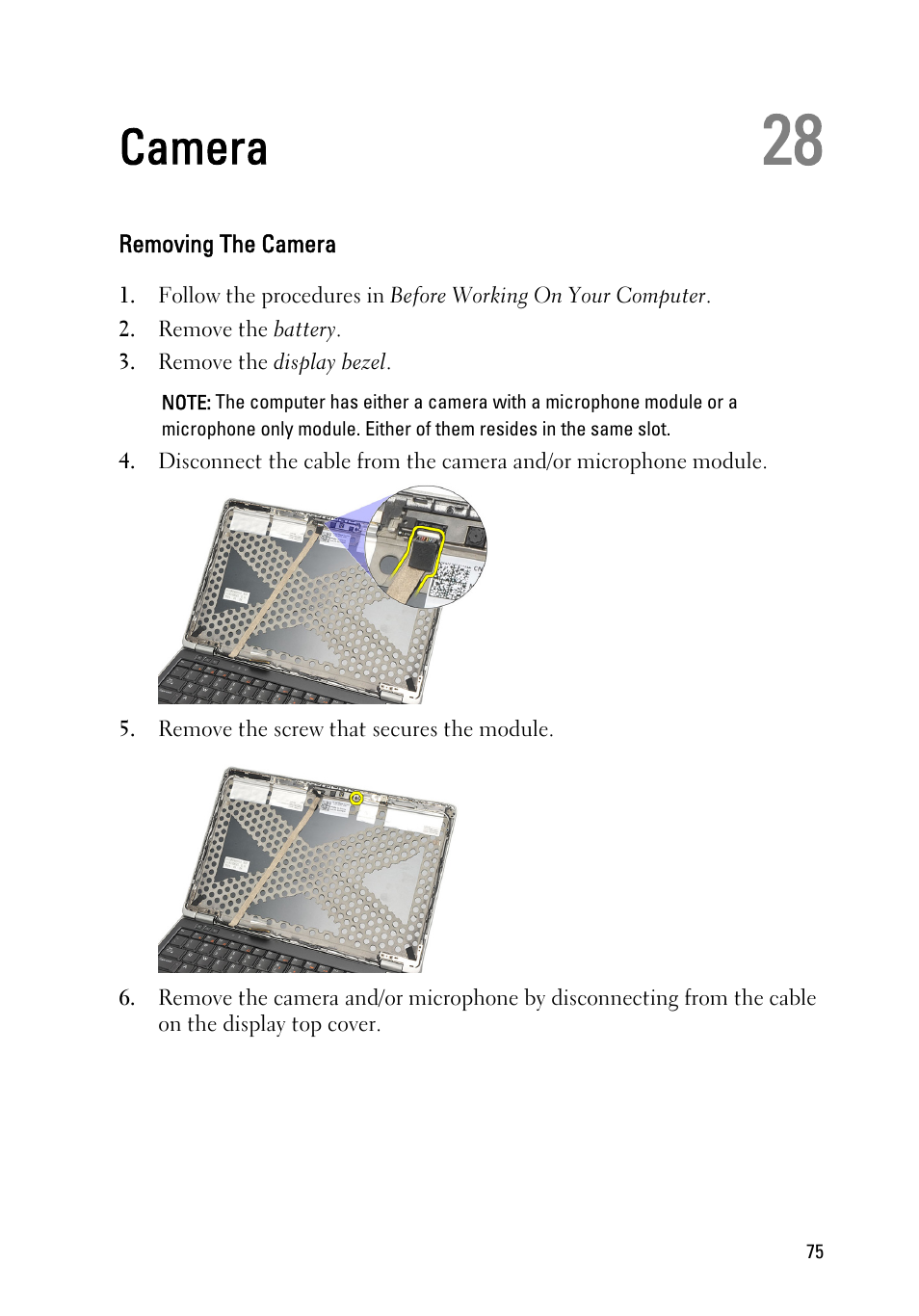 Camera, Removing the camera, 28 camera | Dell Latitude E6220 (Mid 2011) User Manual | Page 75 / 114