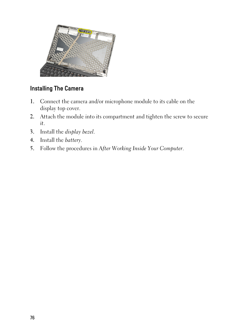 Installing the camera | Dell Latitude E6220 (Mid 2011) User Manual | Page 76 / 114