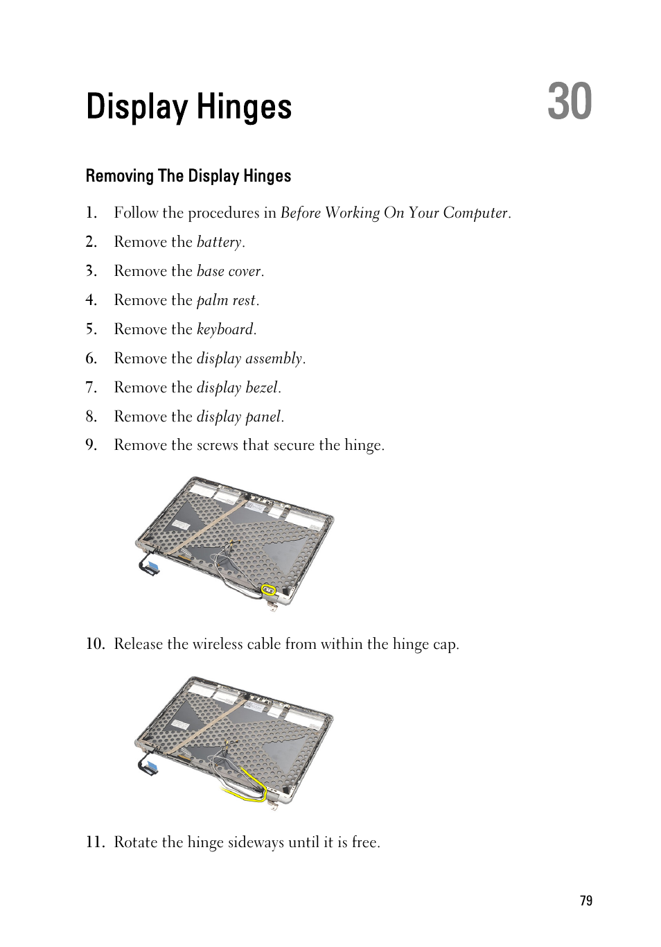 Display hinges, Removing the display hinges, 30 display hinges | Dell Latitude E6220 (Mid 2011) User Manual | Page 79 / 114
