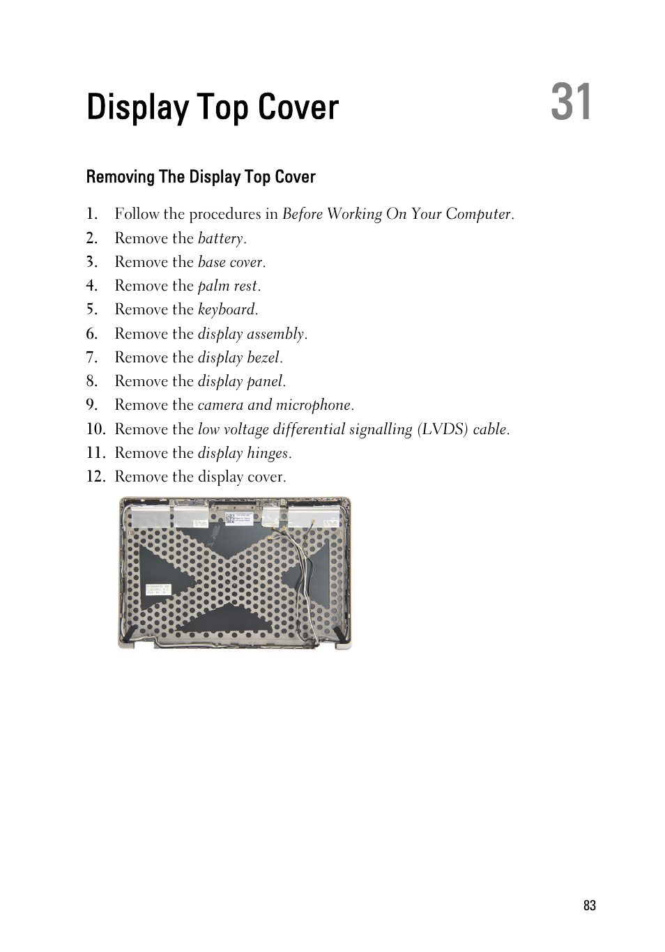 Display top cover, Removing the display top cover, 31 display top cover | Dell Latitude E6220 (Mid 2011) User Manual | Page 83 / 114
