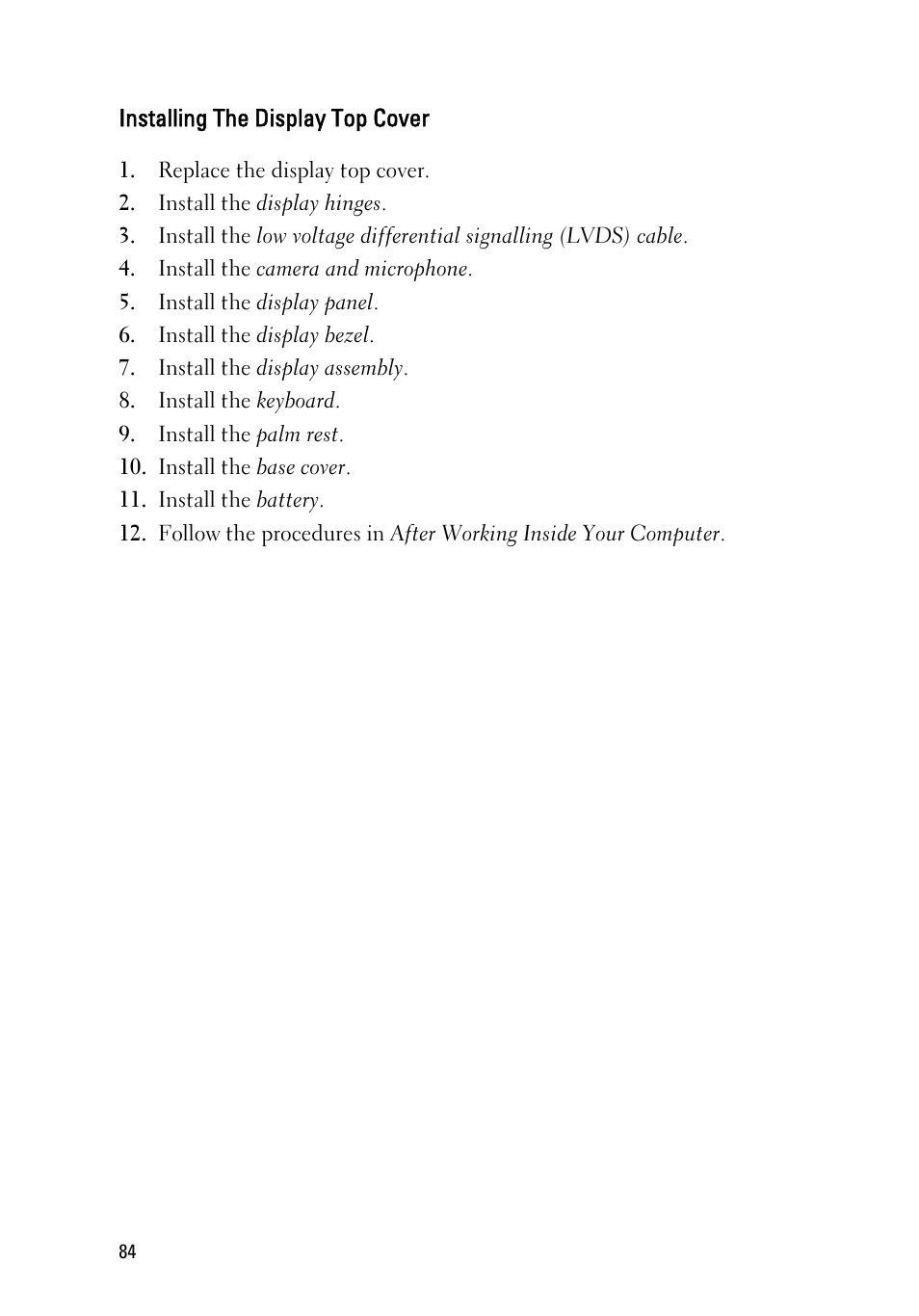 Installing the display top cover | Dell Latitude E6220 (Mid 2011) User Manual | Page 84 / 114