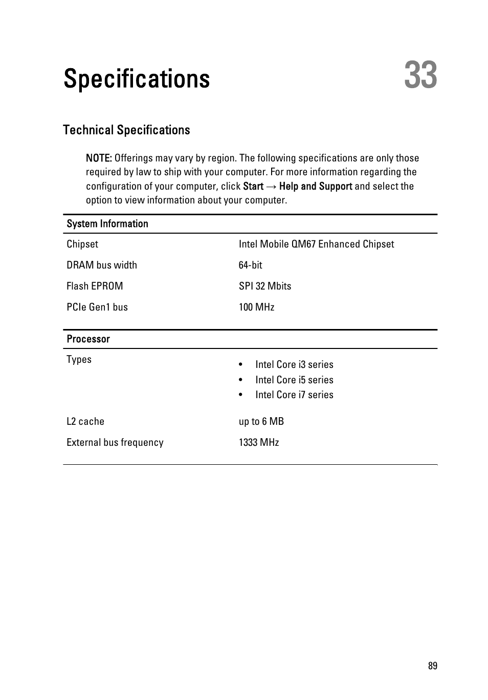 Specifications, Technical specifications, 33 specifications | Dell Latitude E6220 (Mid 2011) User Manual | Page 89 / 114