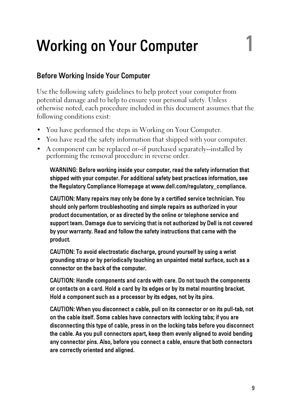 Working on your computer, Before working inside your computer, 1 working on your computer | Dell Latitude E6220 (Mid 2011) User Manual | Page 9 / 114