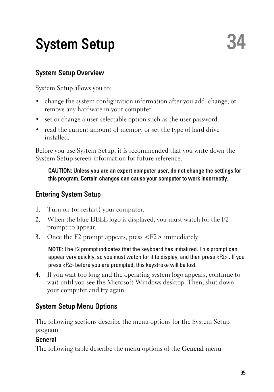 System setup, System setup overview, Entering system setup | System setup menu options, 34 system setup | Dell Latitude E6220 (Mid 2011) User Manual | Page 95 / 114