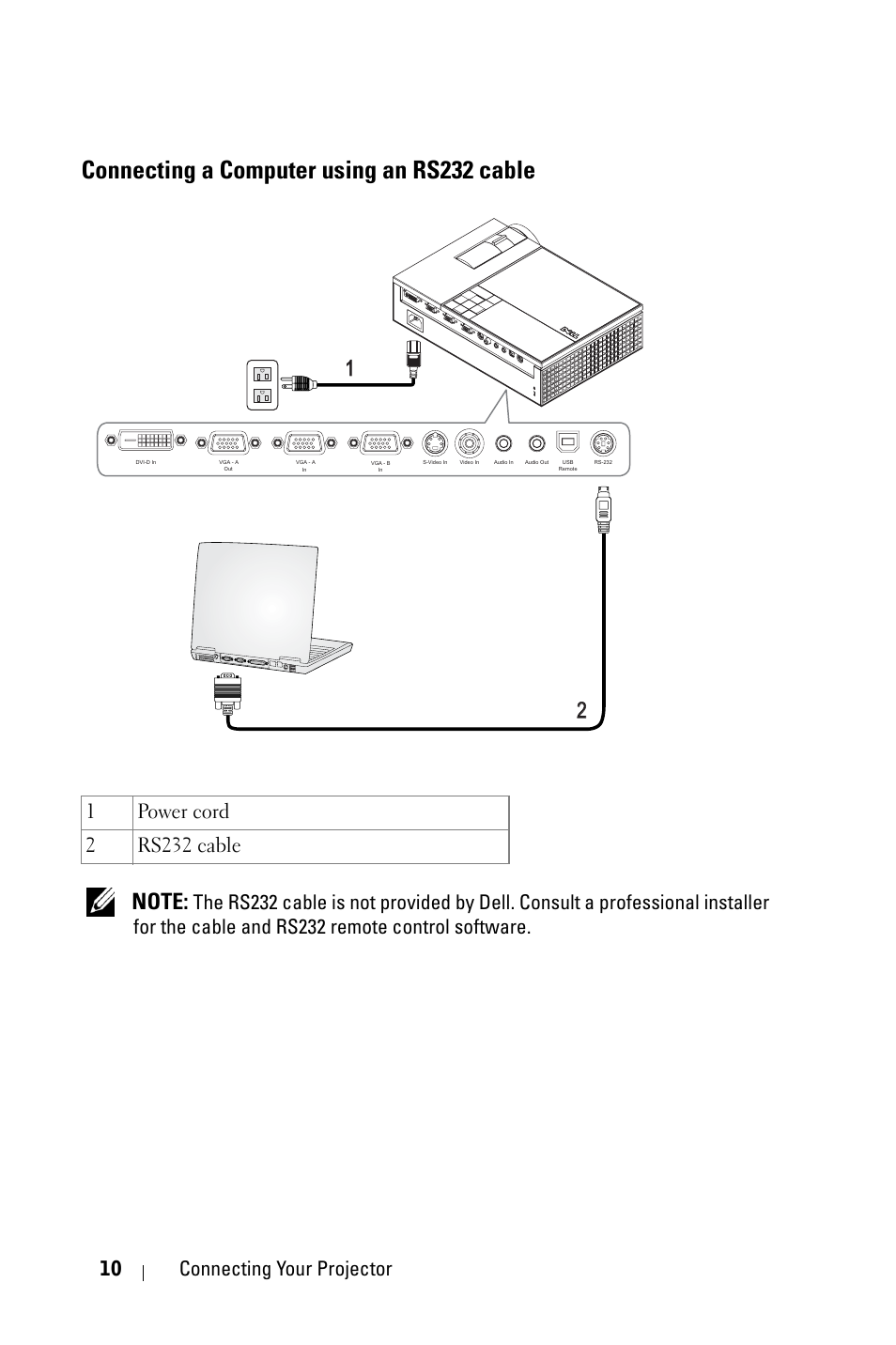 Connecting a computer using an rs232 cable, 10 connecting your projector | Dell 1209S Projector User Manual | Page 10 / 49