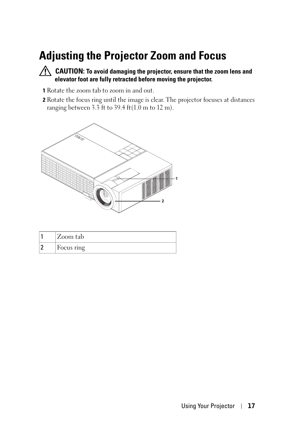 Adjusting the projector zoom and focus | Dell 1209S Projector User Manual | Page 17 / 49