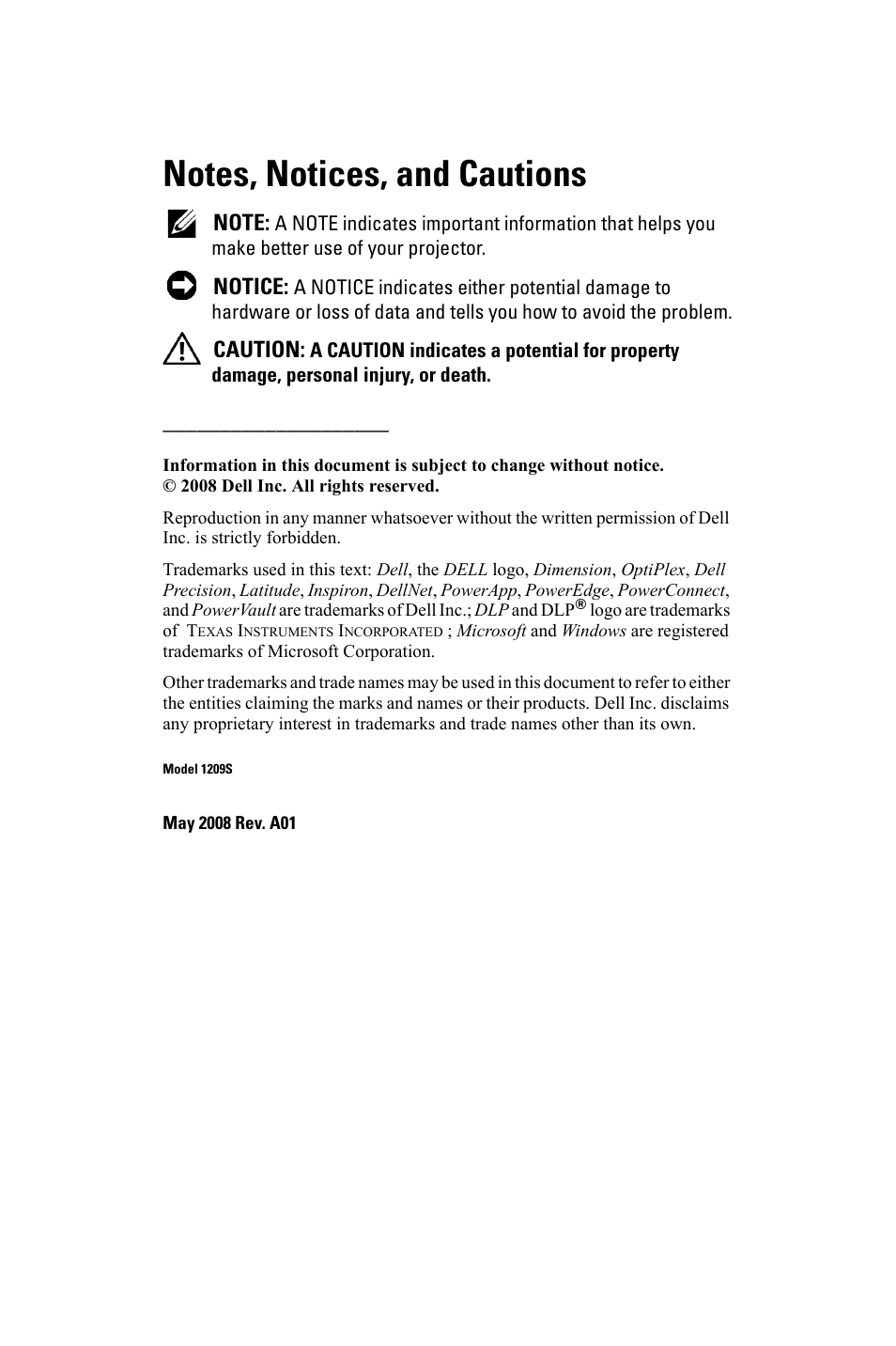 Dell 1209S Projector User Manual | Page 2 / 49