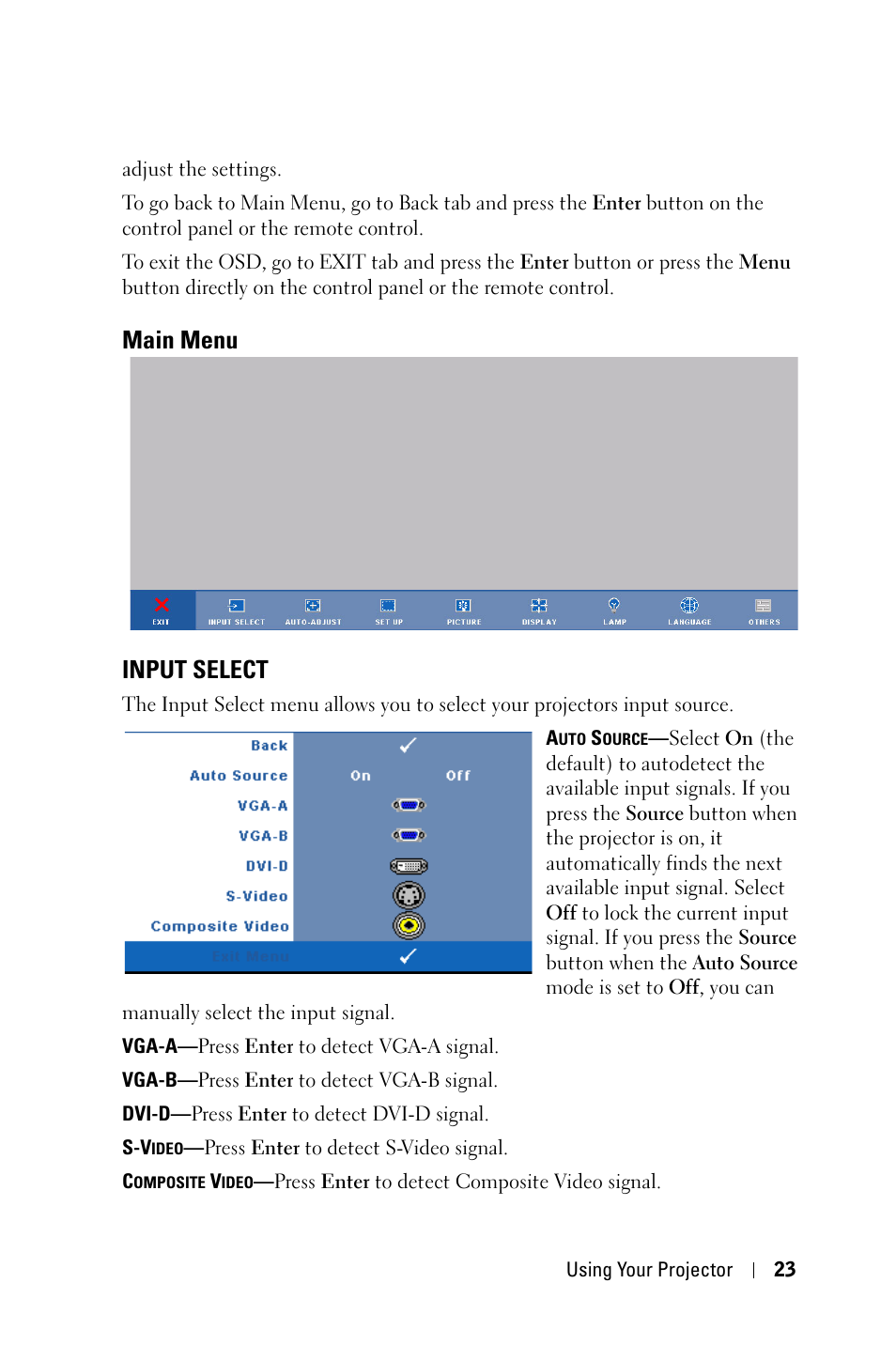 Main menu, Input select, Main menu input select | Dell 1209S Projector User Manual | Page 23 / 49