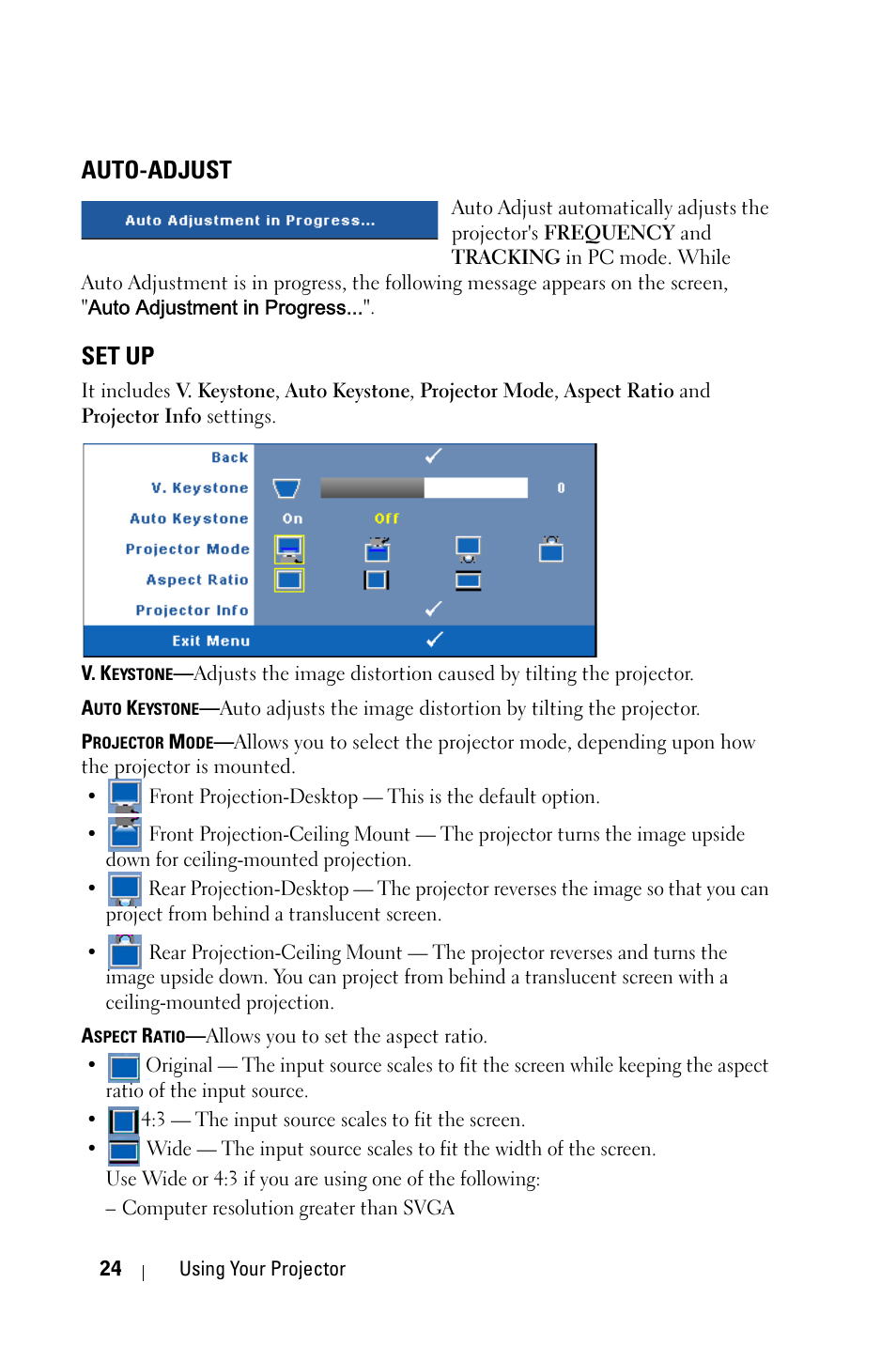 Auto-adjust, Set up | Dell 1209S Projector User Manual | Page 24 / 49