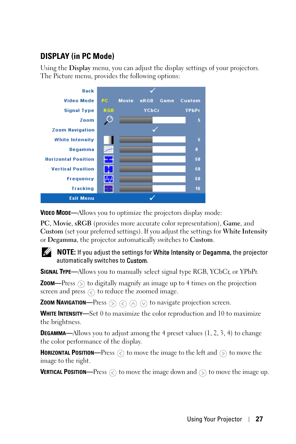 Display (in pc mode) | Dell 1209S Projector User Manual | Page 27 / 49