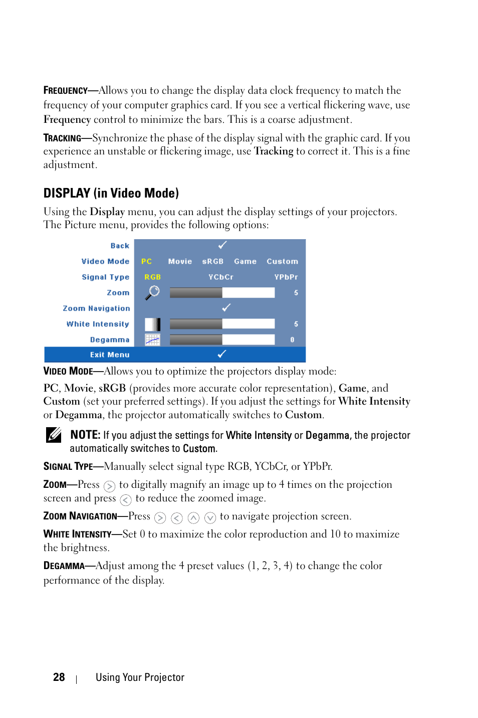 Display (in video mode) | Dell 1209S Projector User Manual | Page 28 / 49